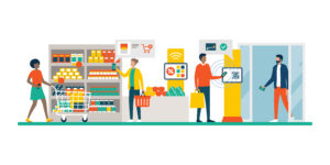 Cartoon of people shopping in a store with IoT icons symbolizing automated convenience store inventory management